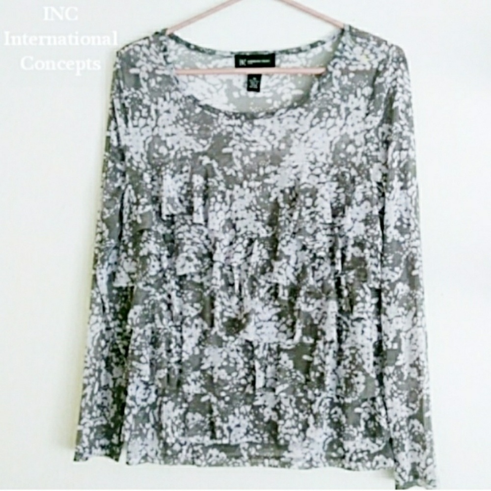 Inc grey And White Lightweight ruffle top Size Medium